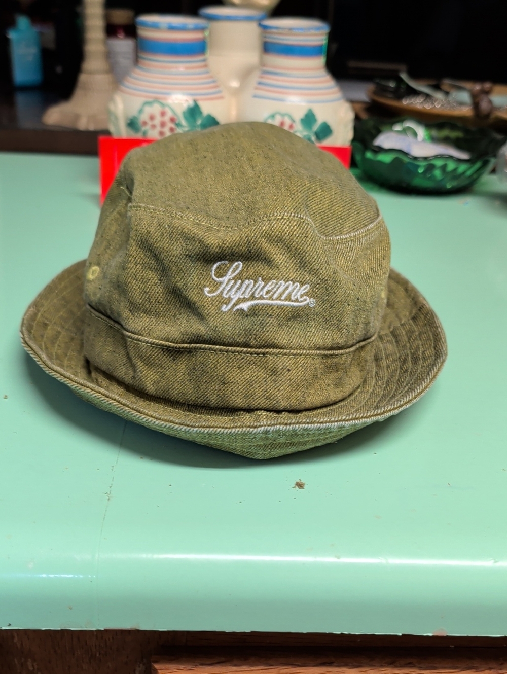 Supreme Olive Corduroy Bucket Hat with White Script Logo